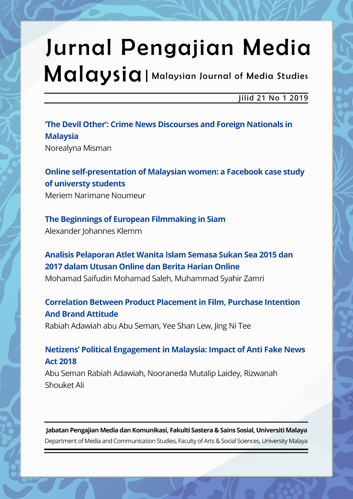 					View Vol. 22 No. 1 (2020): Malaysian Journal of Media Studies
				